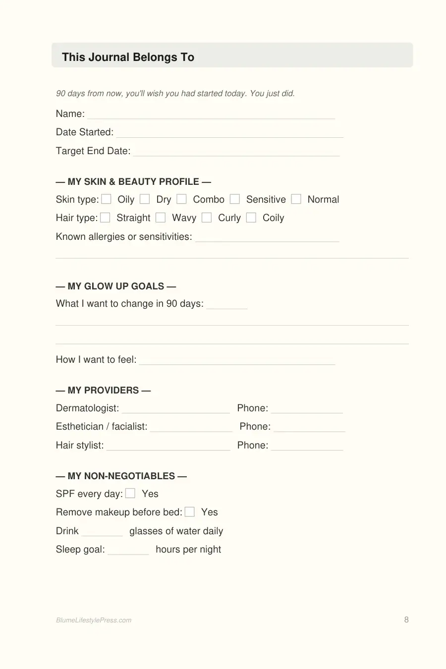 90-Day Glow Up Journal interior page preview — structured journal layout