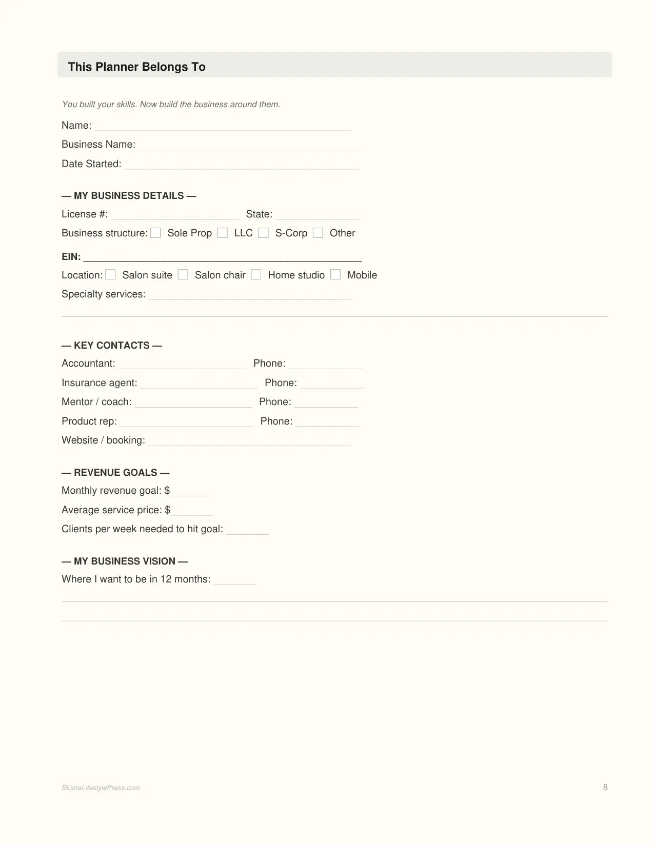 Beauty Business Planner interior page preview — structured journal layout