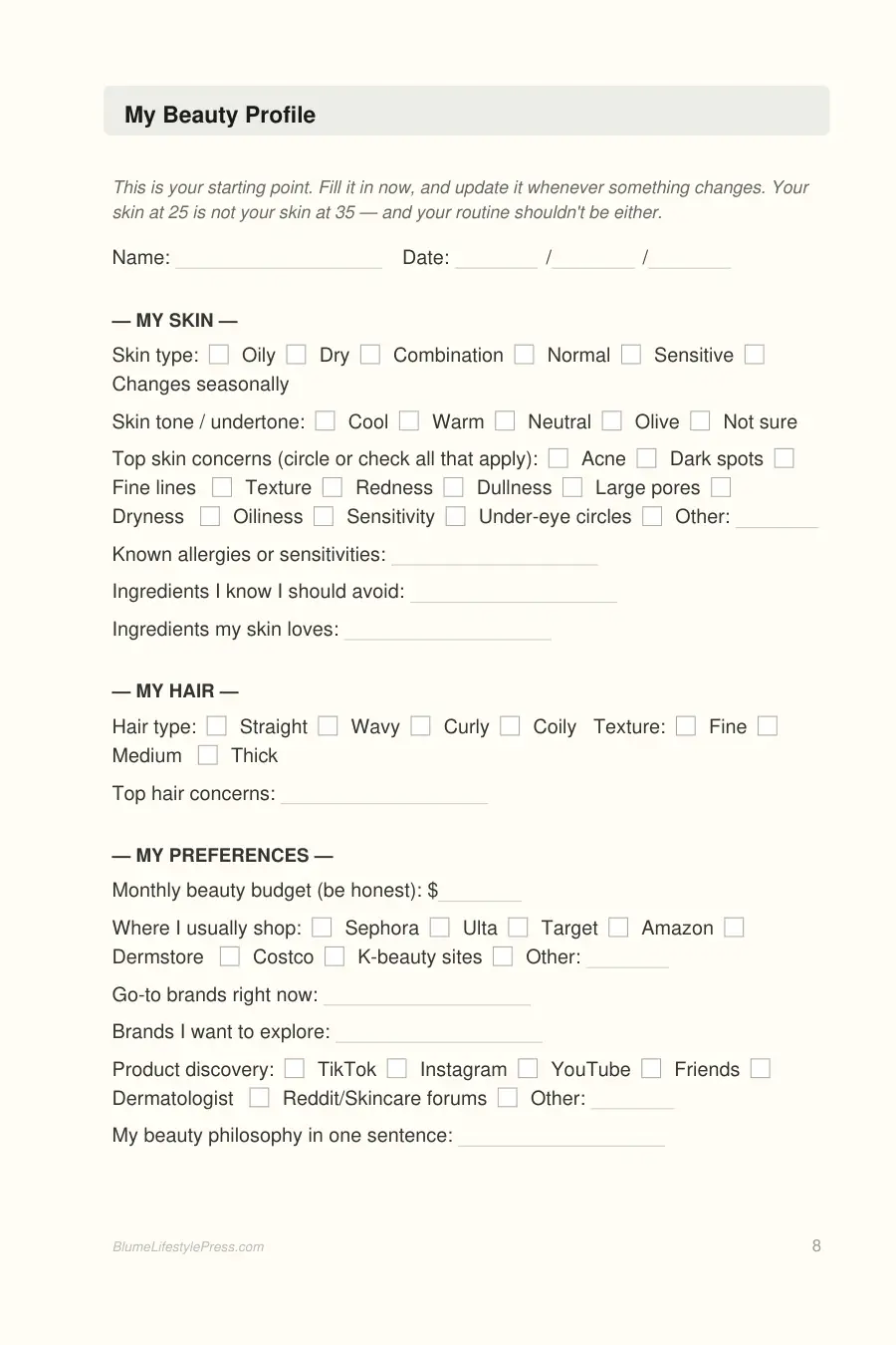 Beauty Product Review Journal interior page preview — structured journal layout