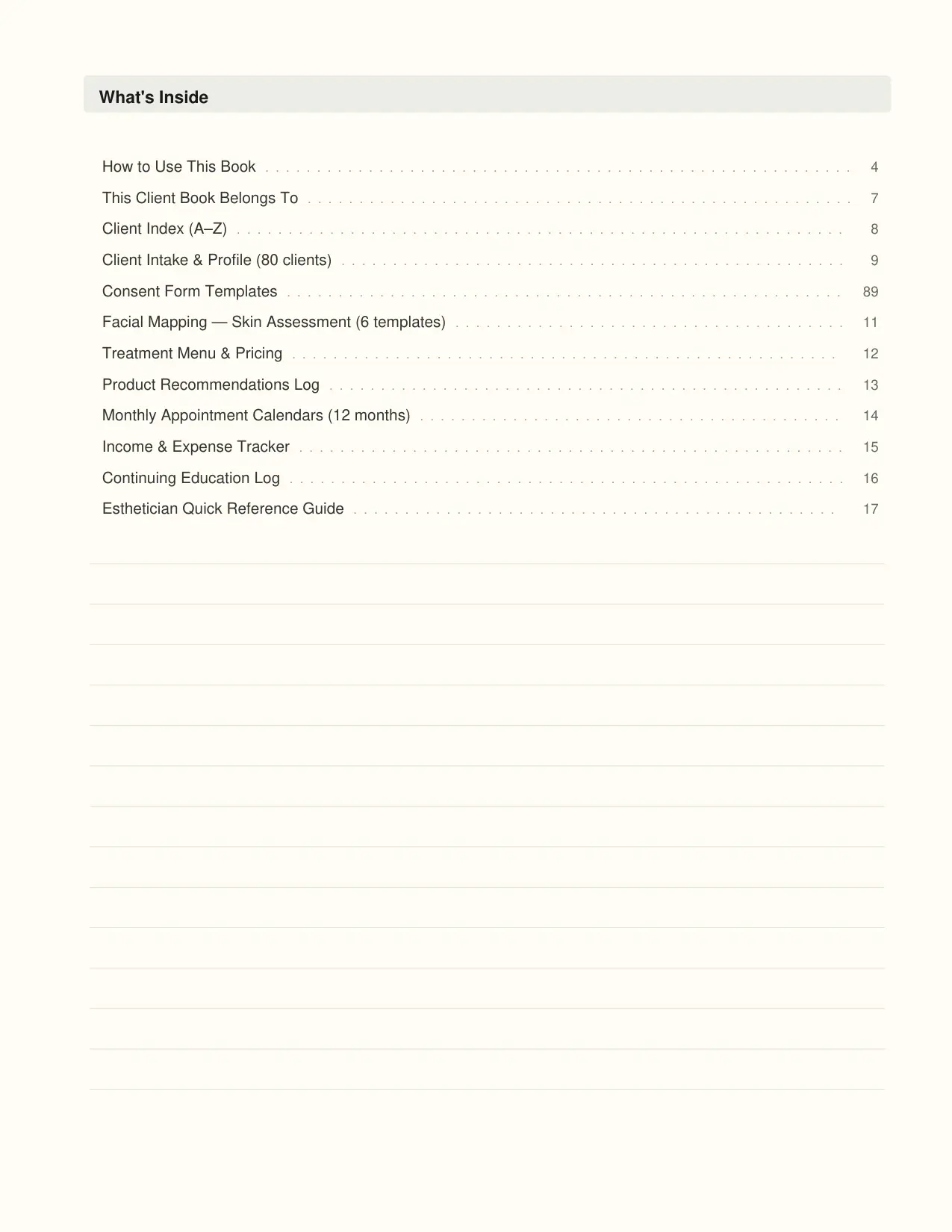 Client Book for Estheticians interior page preview — structured journal layout
