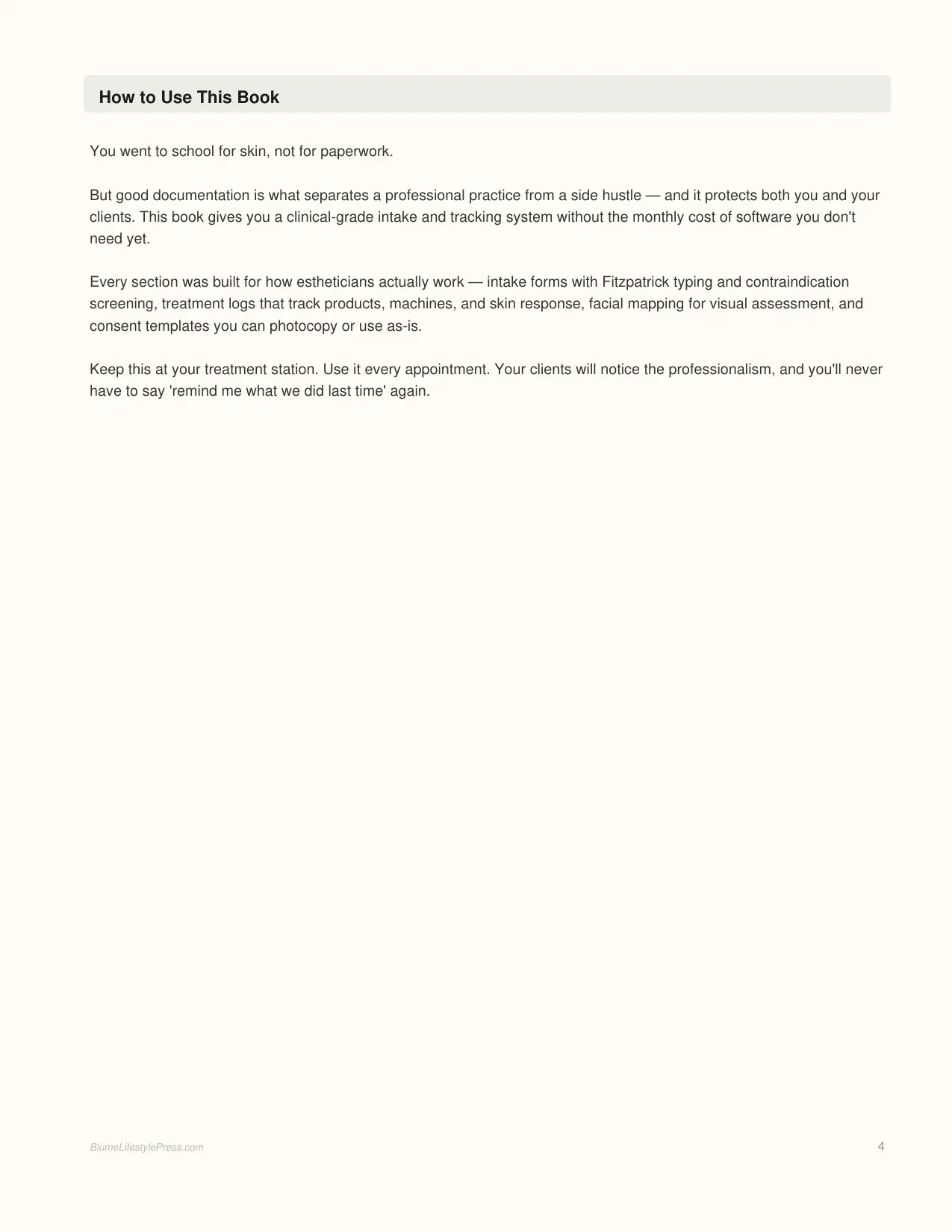 Client Book for Estheticians interior page preview — structured journal layout