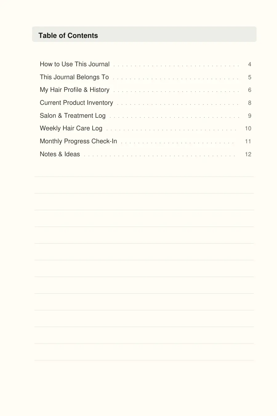 Hair Care & Growth Journal interior page preview — structured journal layout