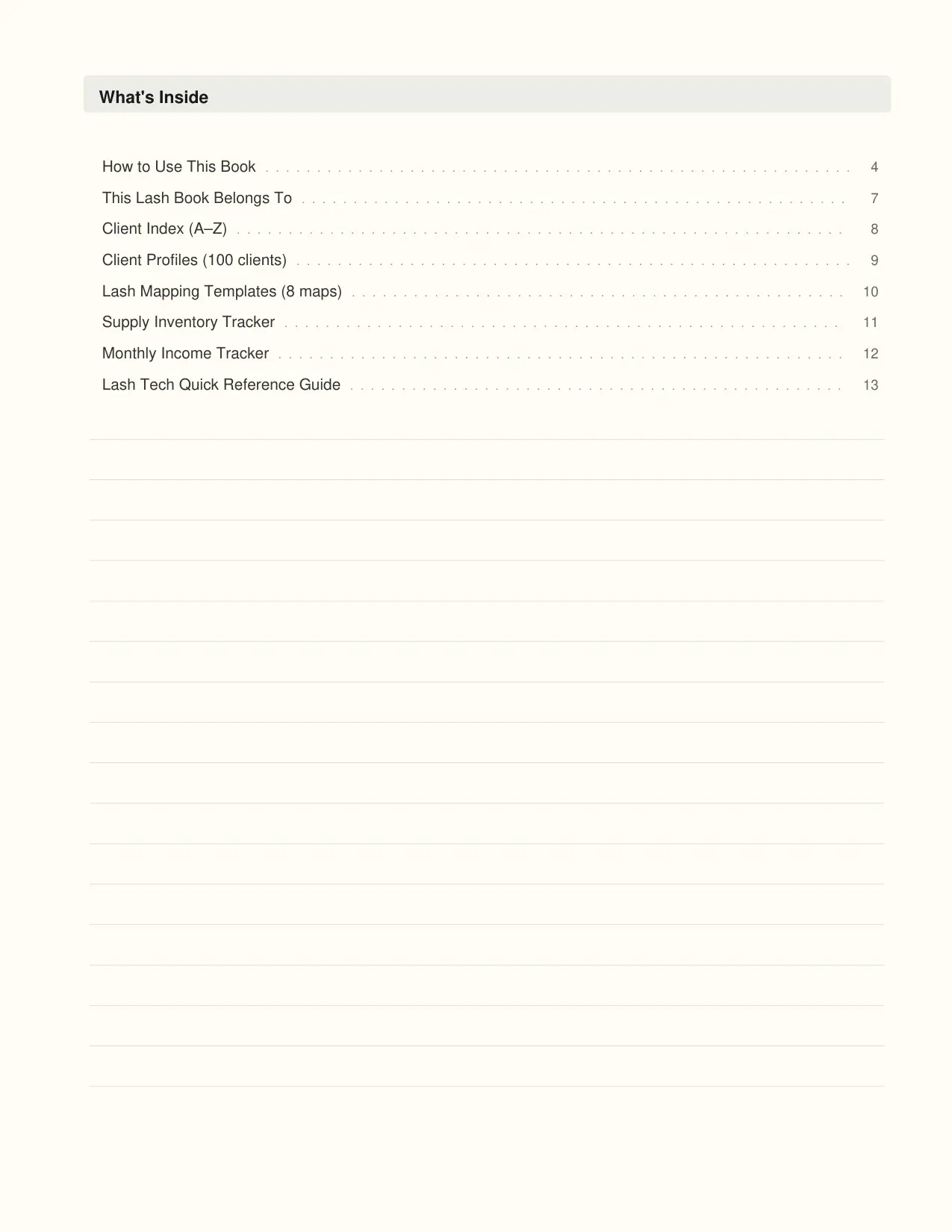 Lash Client Record Book interior page preview — structured journal layout