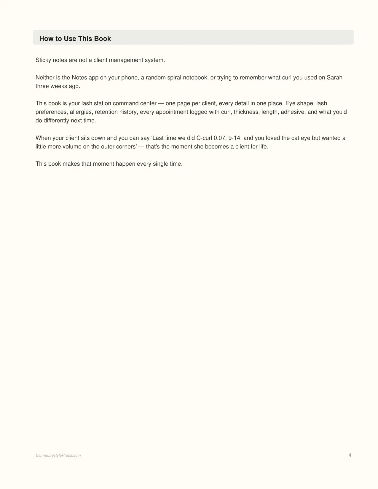 Lash Client Record Book interior page preview — structured journal layout