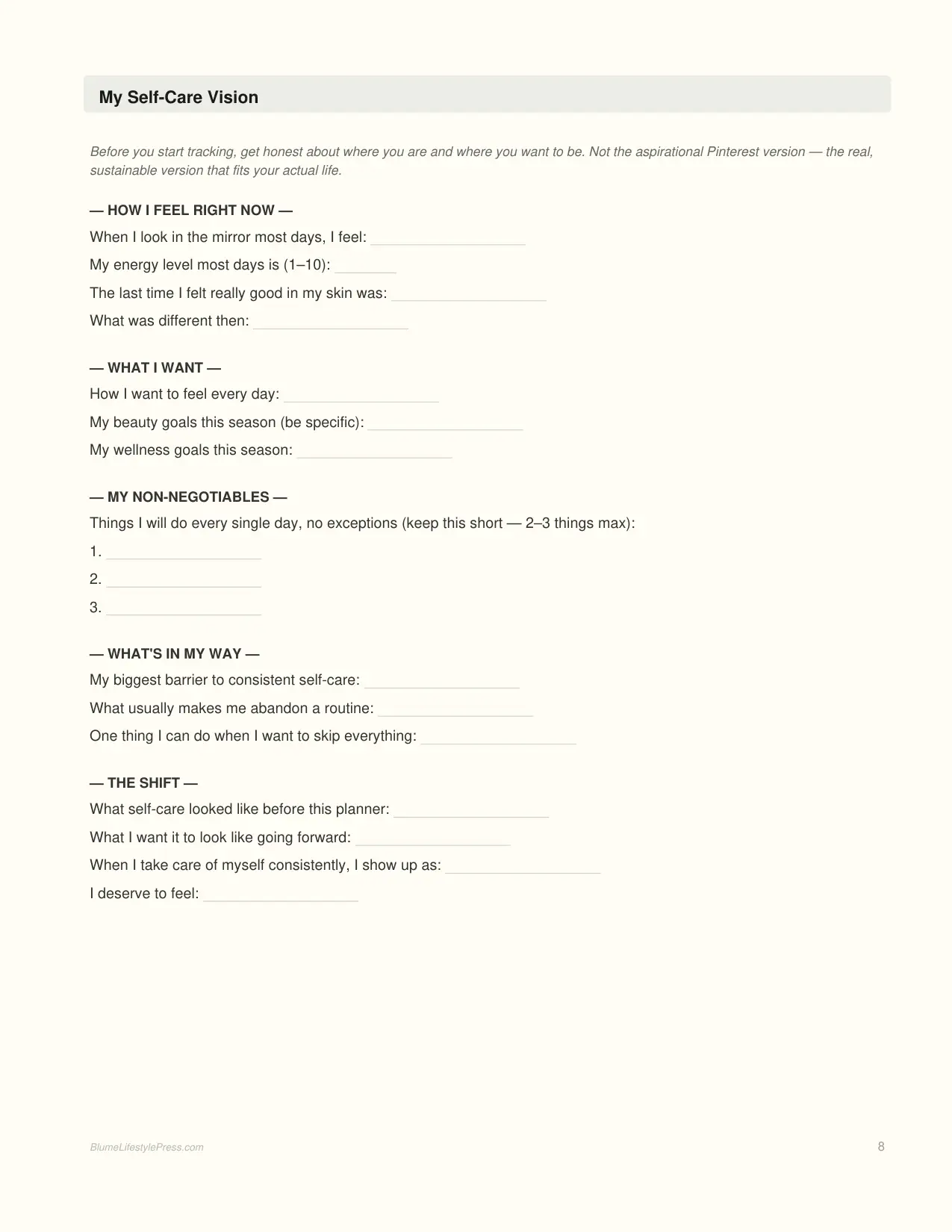 Self-Care & Beauty Routine Planner interior page preview — structured journal layout