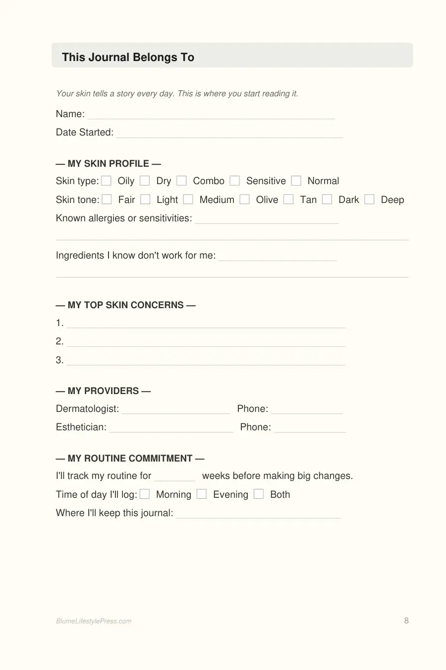 Skincare Routine Tracker interior page preview — structured journal layout