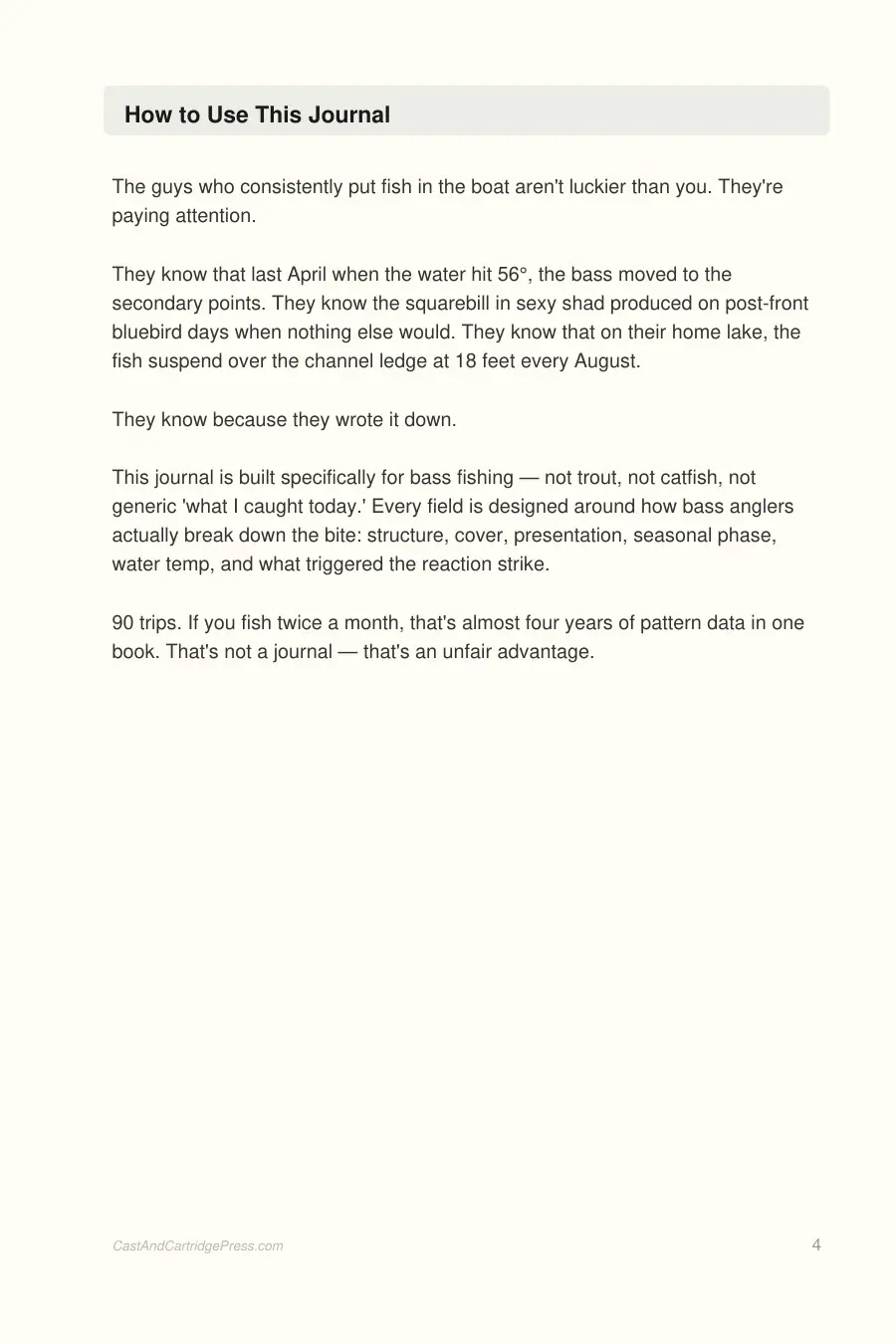 Bass Fishing Journal interior page preview — structured journal layout