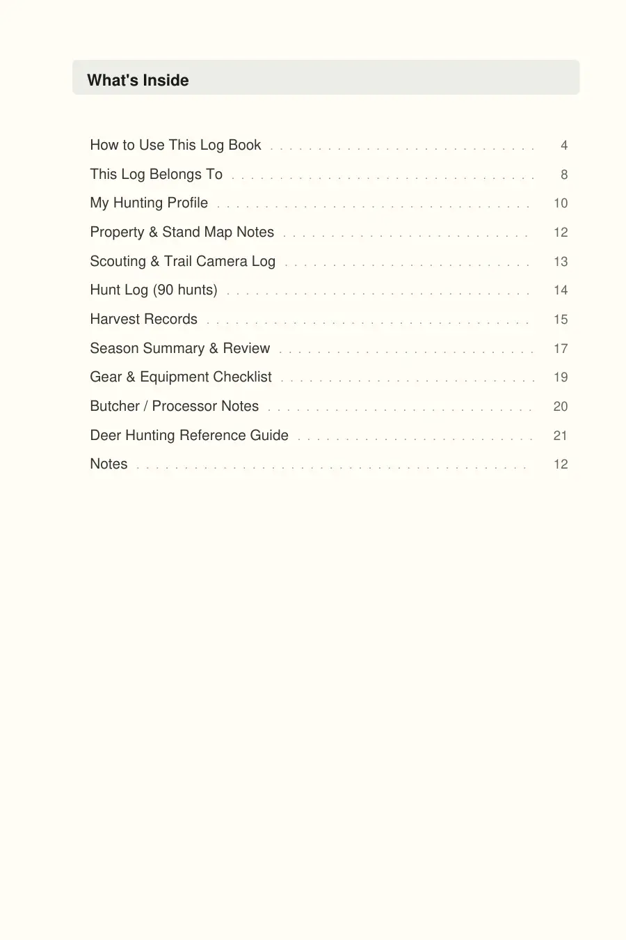 Deer Hunting Log Book interior page preview — structured journal layout