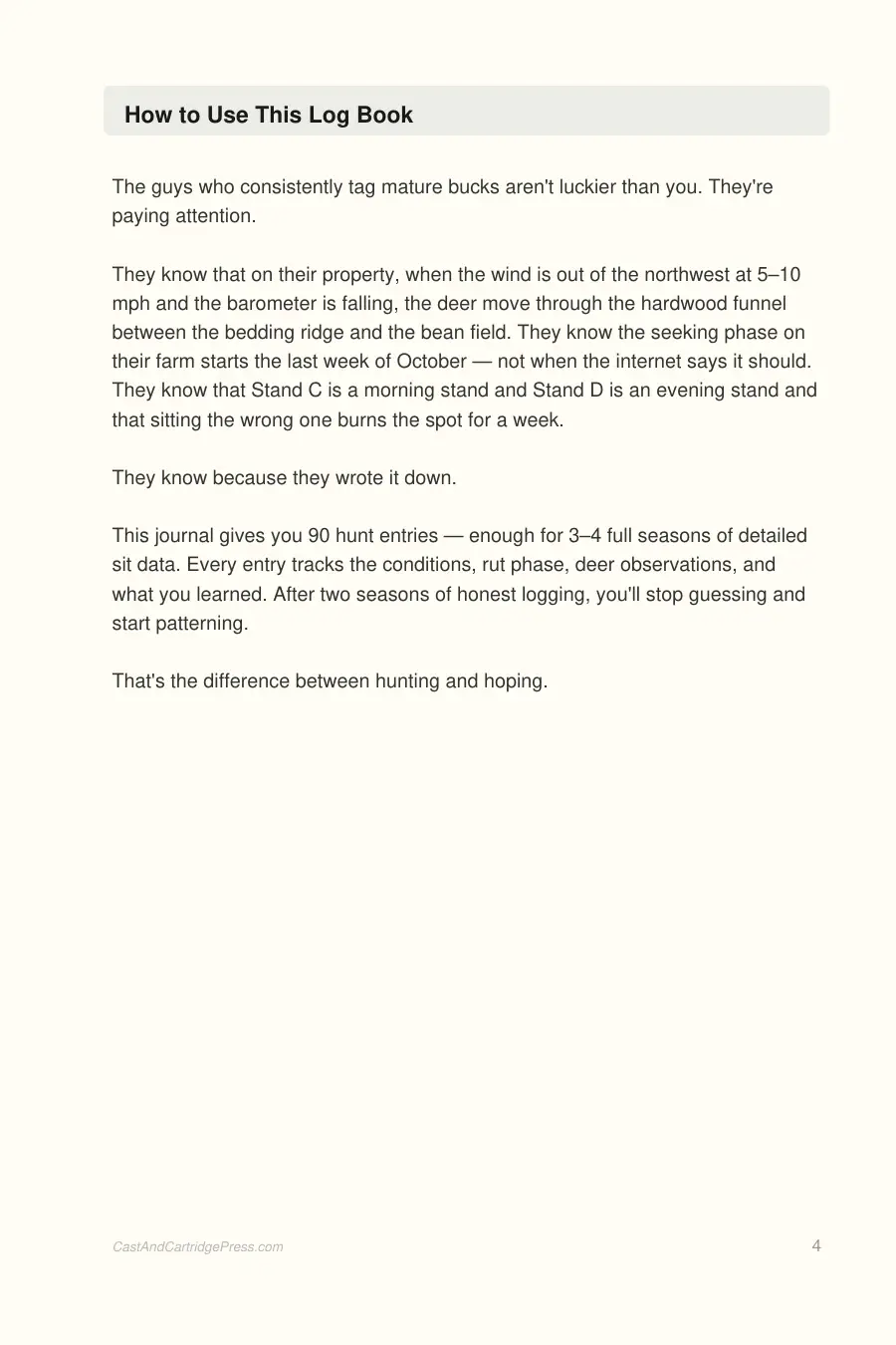 Deer Hunting Log Book interior page preview — structured journal layout