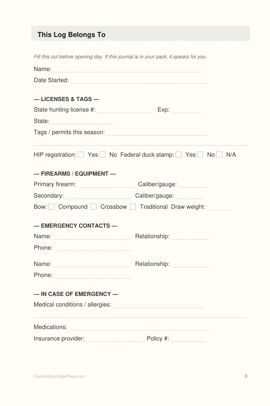 Deer Hunting Log Book interior page preview — structured journal layout