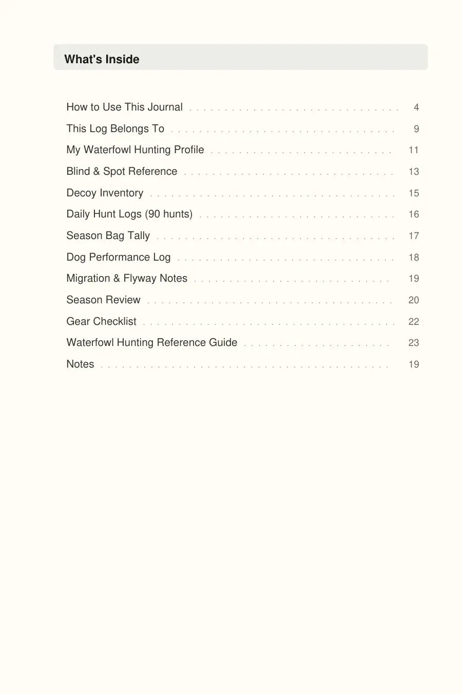 Duck & Waterfowl Hunting Journal interior page preview — structured journal layout