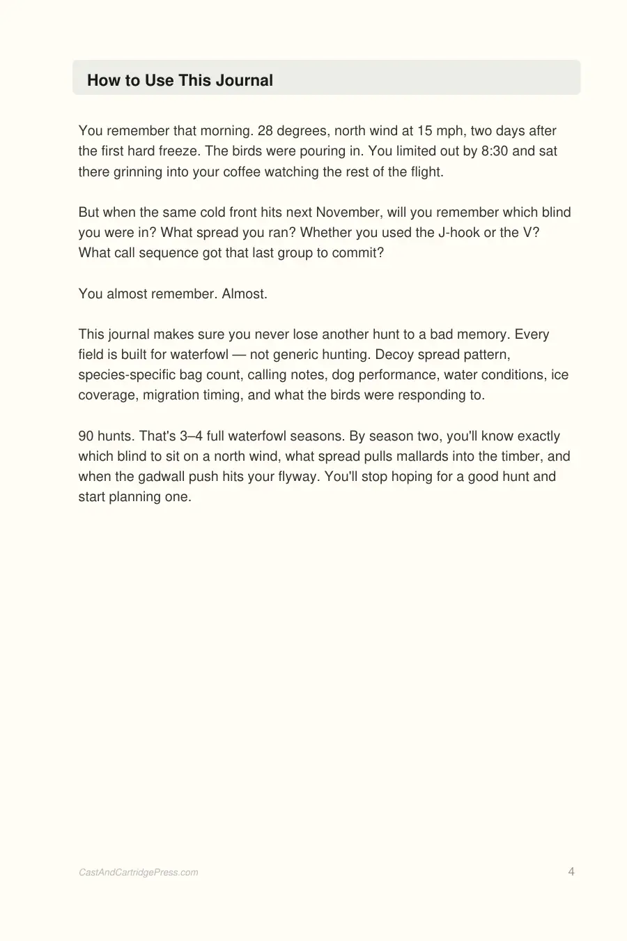 Duck & Waterfowl Hunting Journal interior page preview — structured journal layout