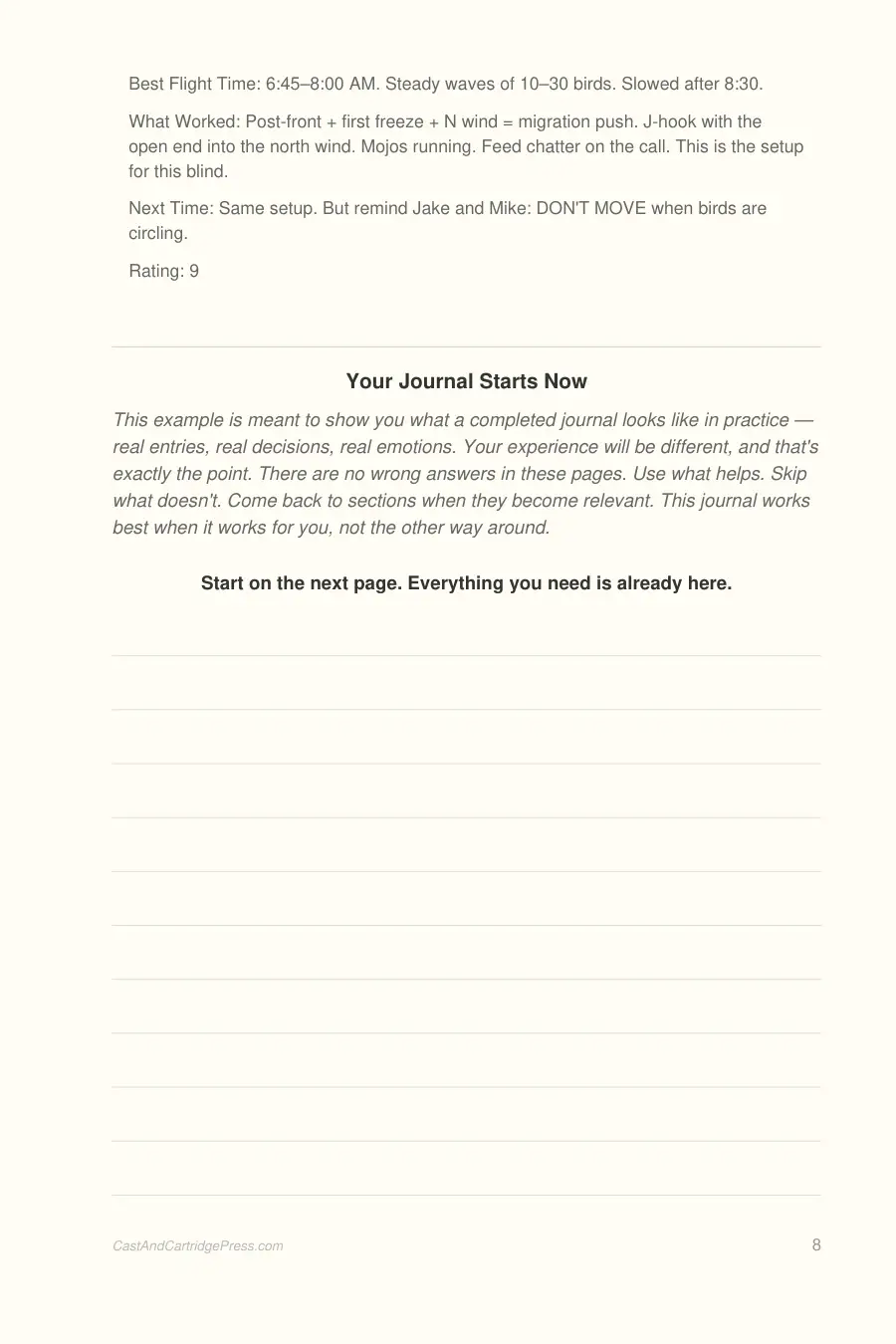 Duck & Waterfowl Hunting Journal interior page preview — structured journal layout