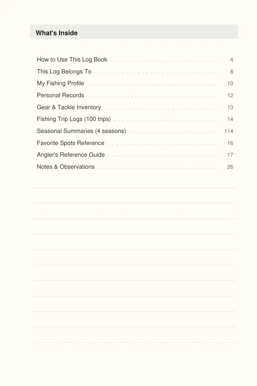 Fishing Log Book interior page preview — structured journal layout