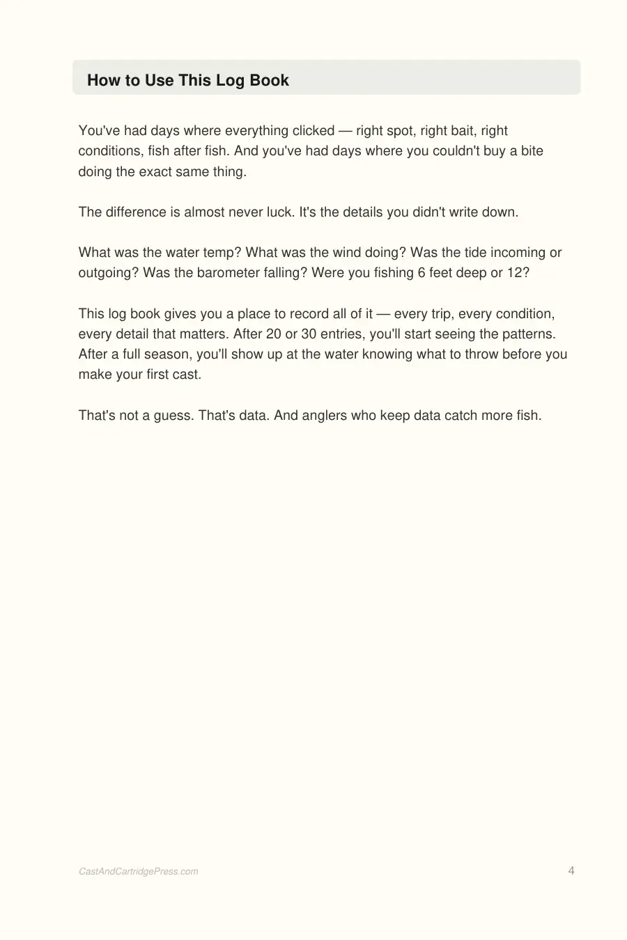 Fishing Log Book interior page preview — structured journal layout