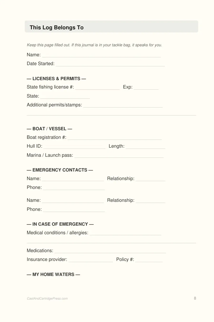 Fishing Log Book interior page preview — structured journal layout