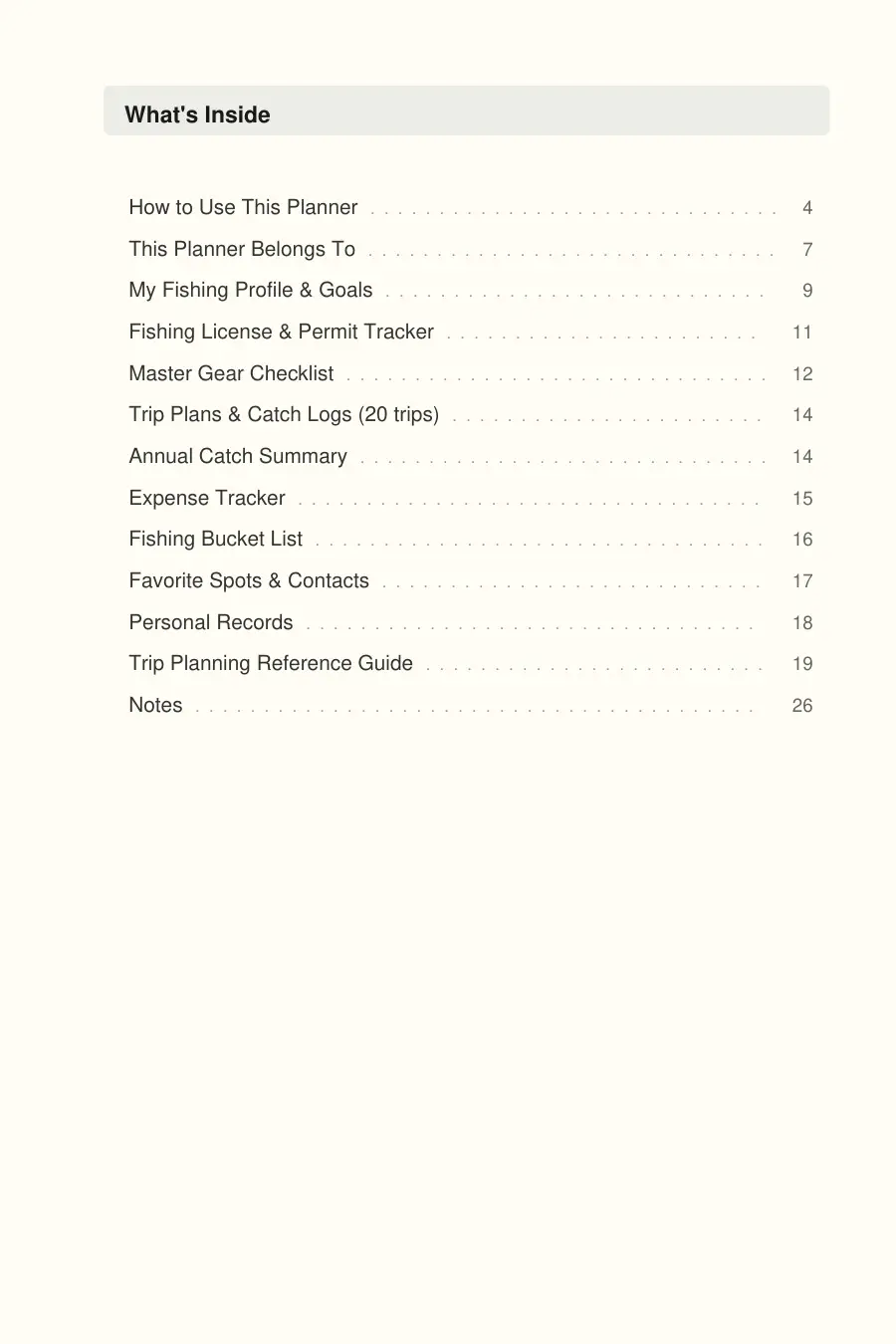 Fishing Trip Planner & Catch Tracker interior page preview — structured journal layout