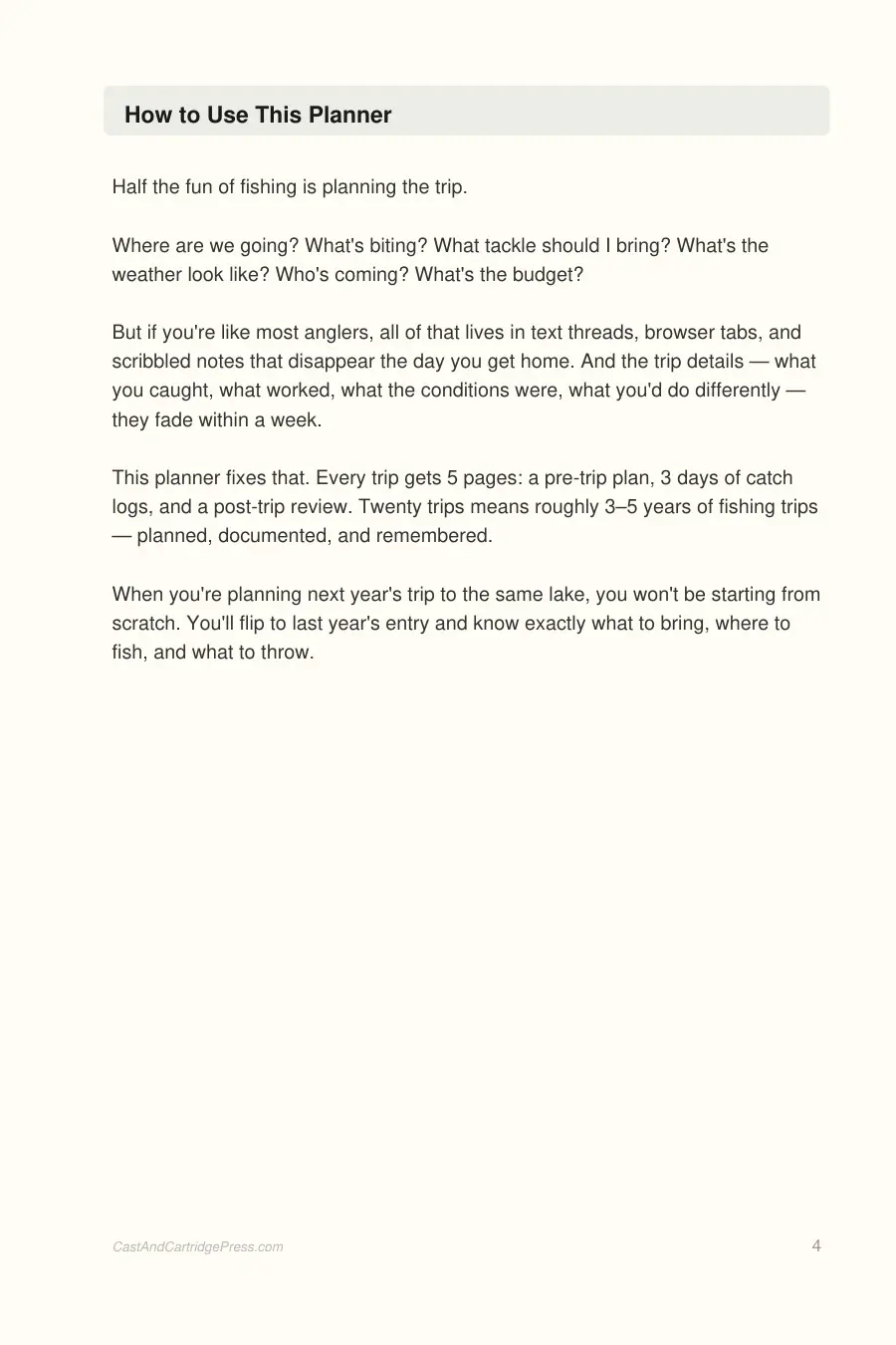 Fishing Trip Planner & Catch Tracker interior page preview — structured journal layout