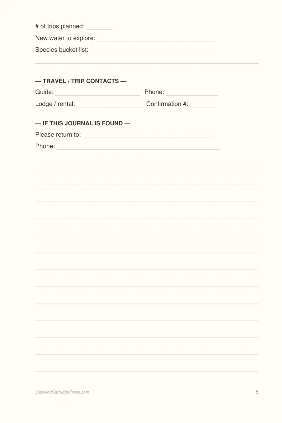 Fishing Trip Planner & Catch Tracker interior page preview — structured journal layout