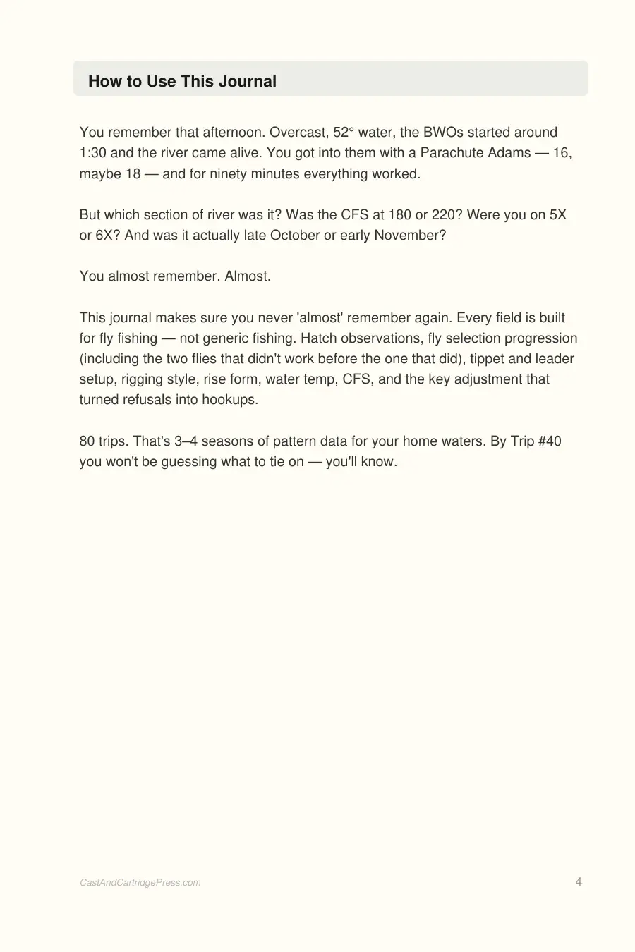 Fly Fishing Journal interior page preview — structured journal layout