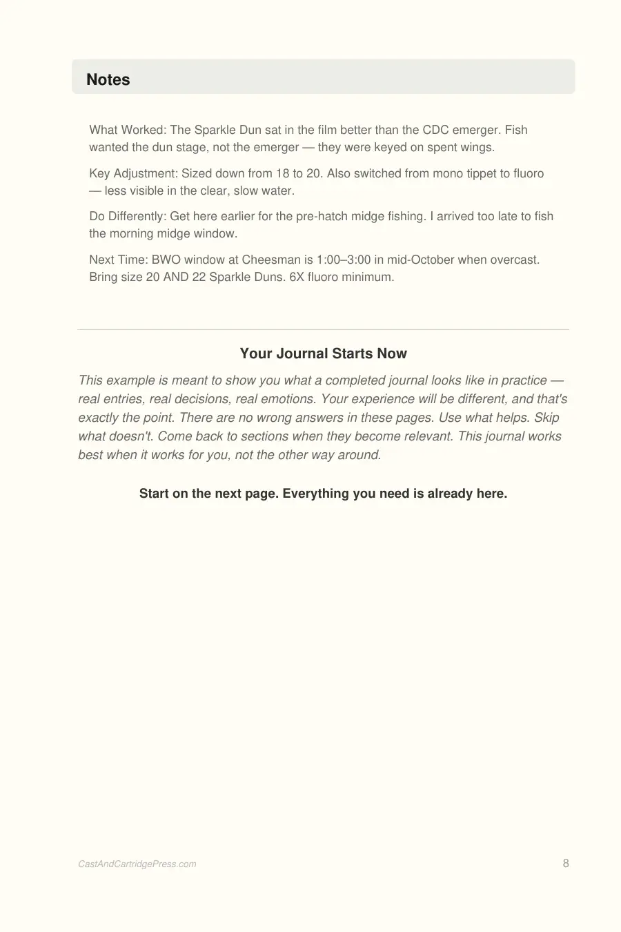 Fly Fishing Journal interior page preview — structured journal layout