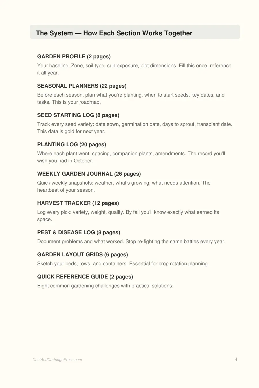 The Gardener's Seasonal Planner & Log interior page preview — structured journal layout