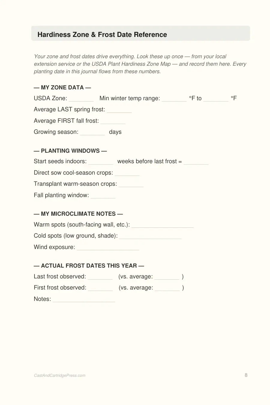 The Gardener's Seasonal Planner & Log interior page preview — structured journal layout