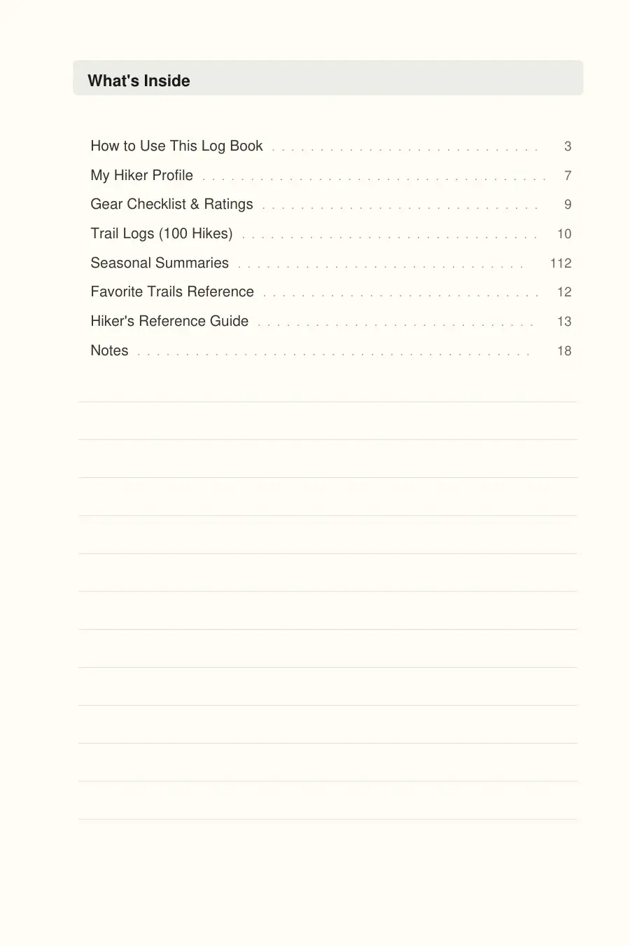 Hiking & Trail Log Book interior page preview — structured journal layout