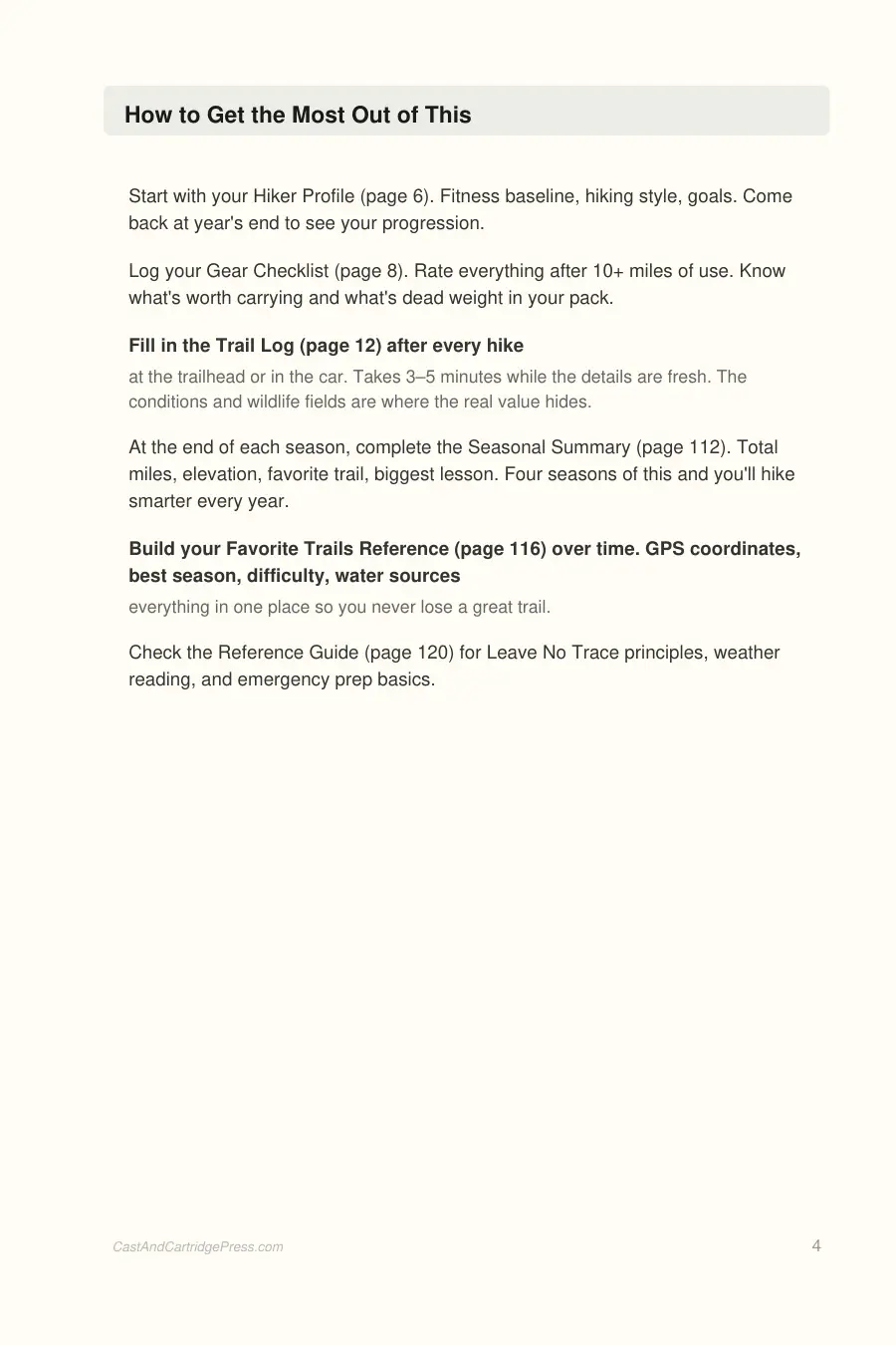 Hiking & Trail Log Book interior page preview — structured journal layout