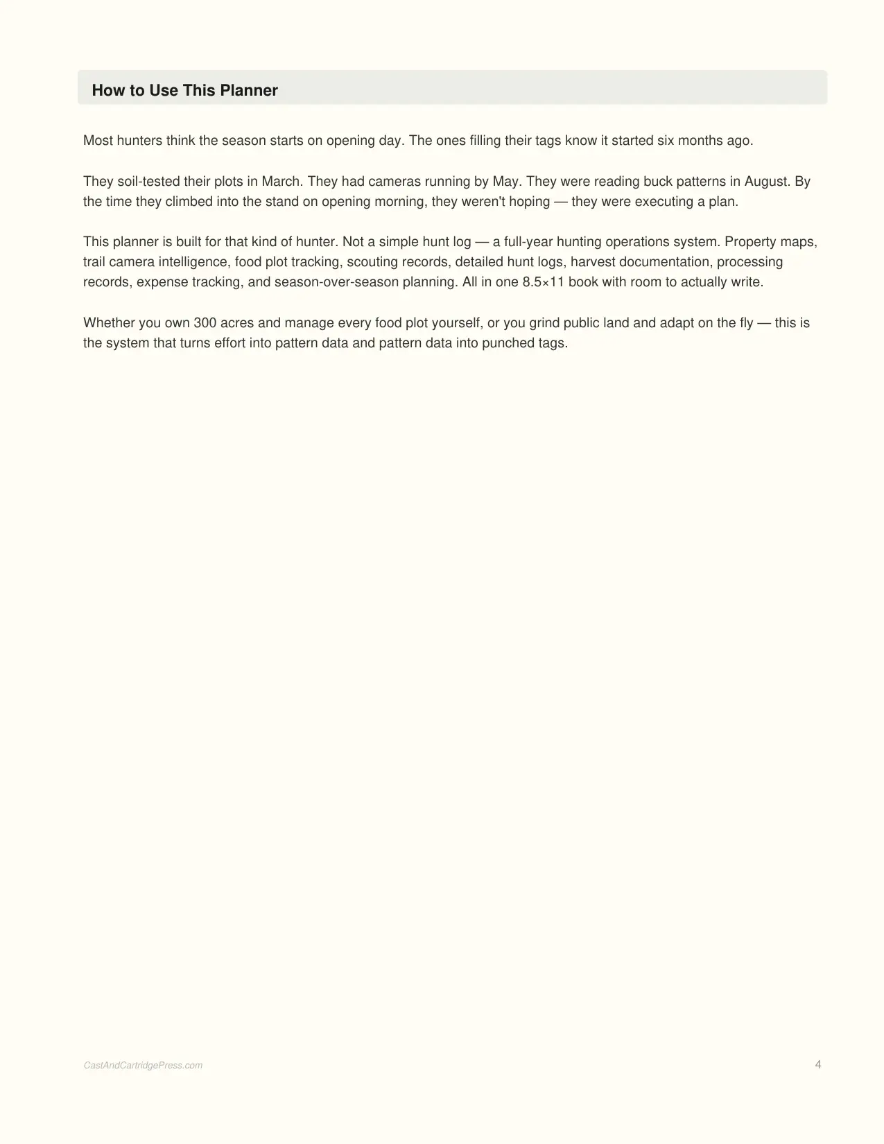 Hunting Season Planner interior page preview — structured journal layout