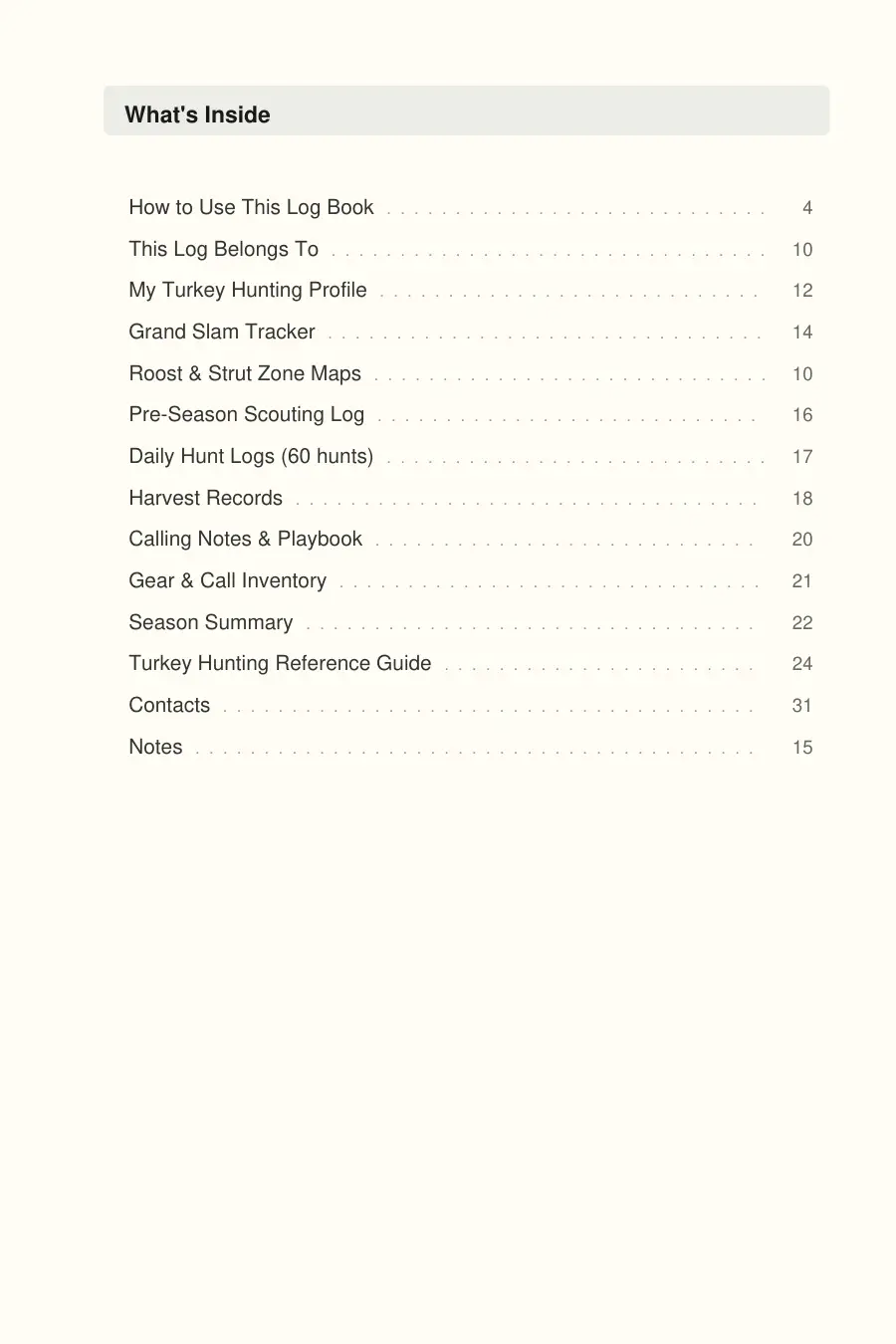Turkey Hunting Log Book interior page preview — structured journal layout