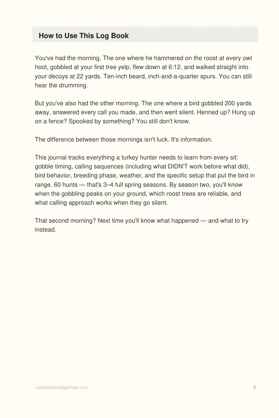 Turkey Hunting Log Book interior page preview — structured journal layout