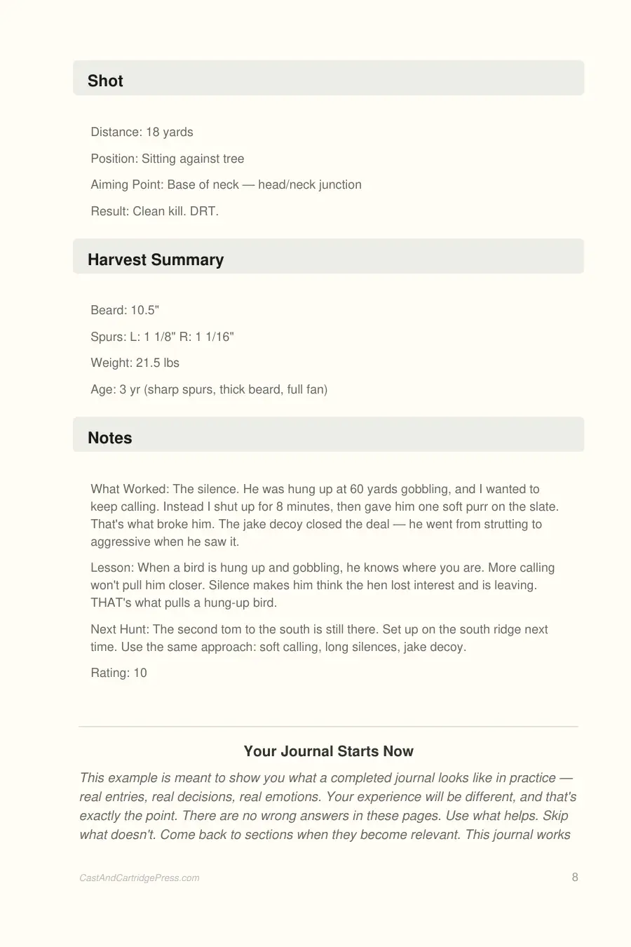 Turkey Hunting Log Book interior page preview — structured journal layout