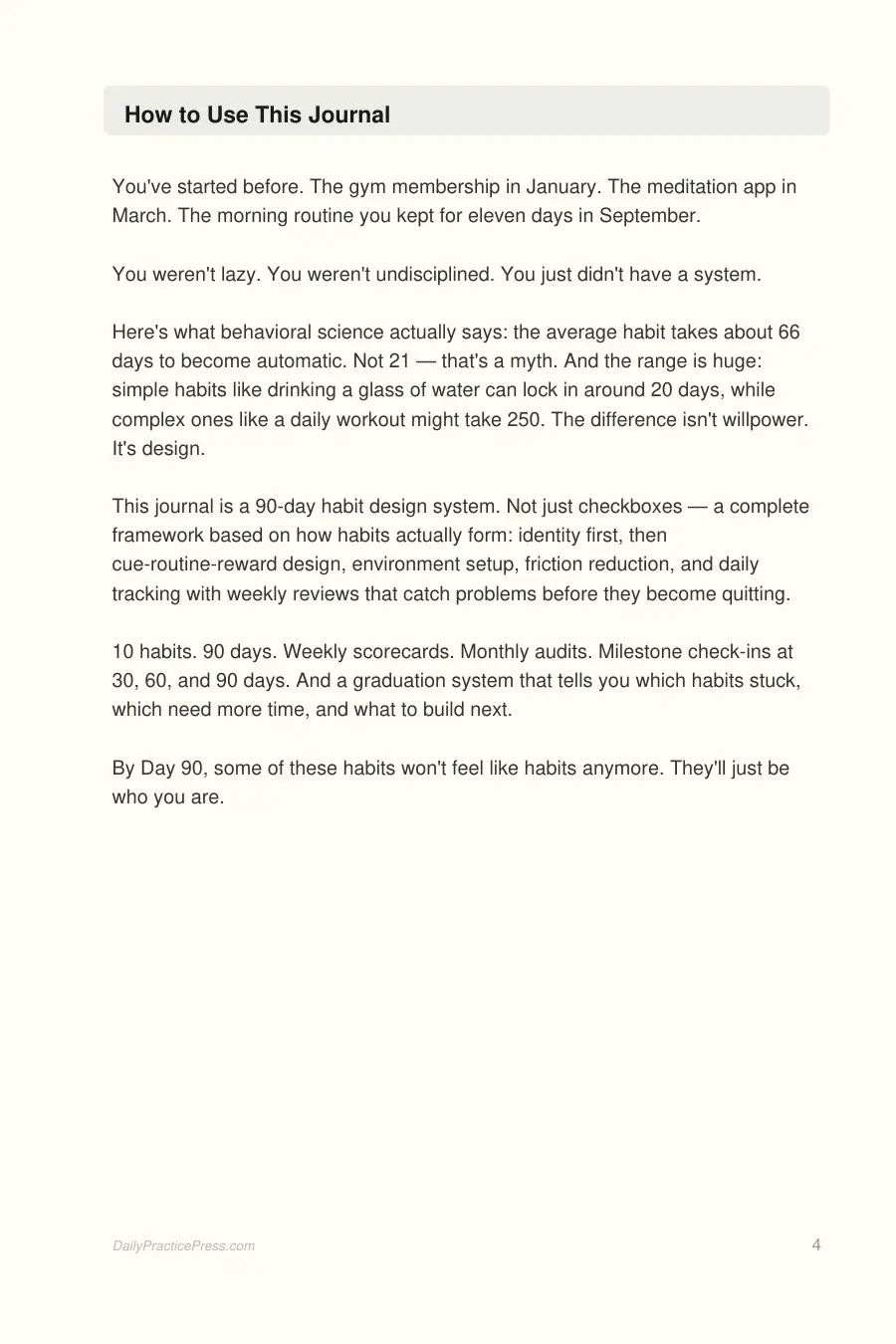 90-Day Habit Tracker Journal interior page preview — structured journal layout