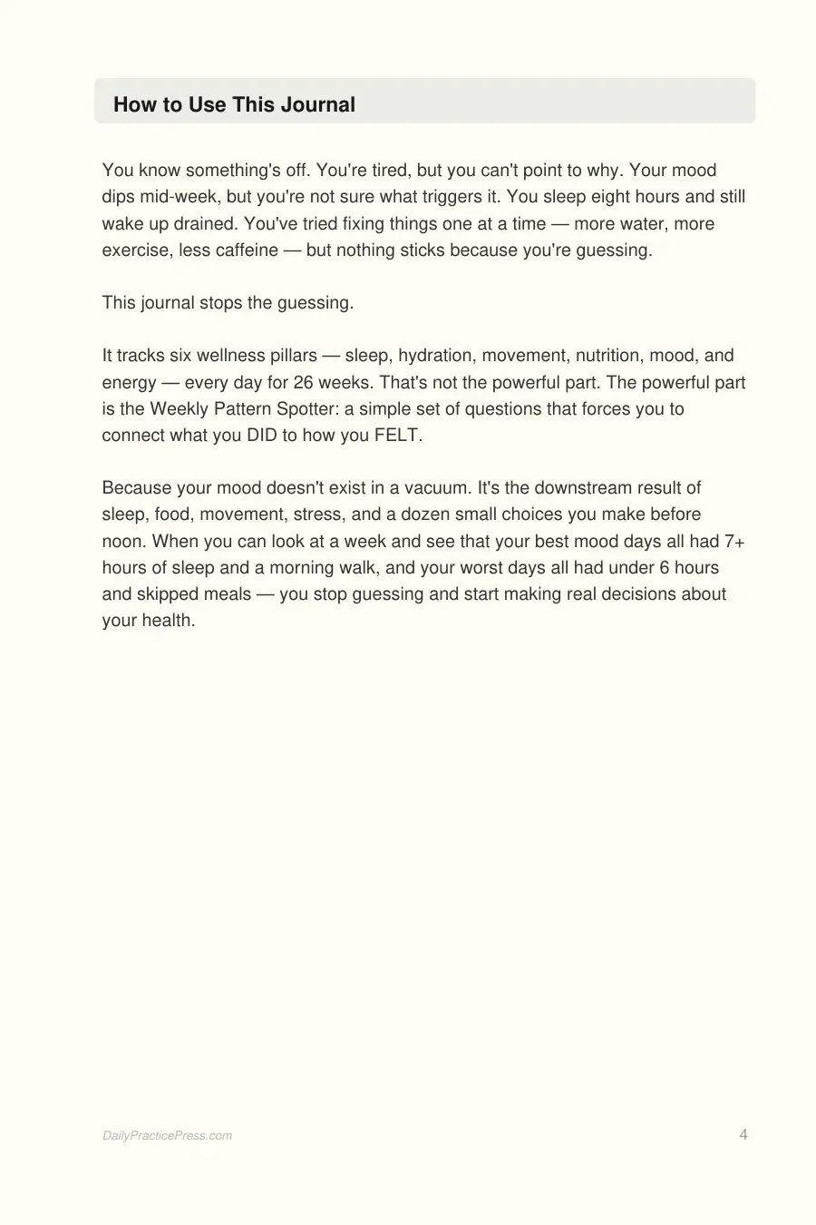 Daily Wellness & Mood Journal interior page preview — structured journal layout