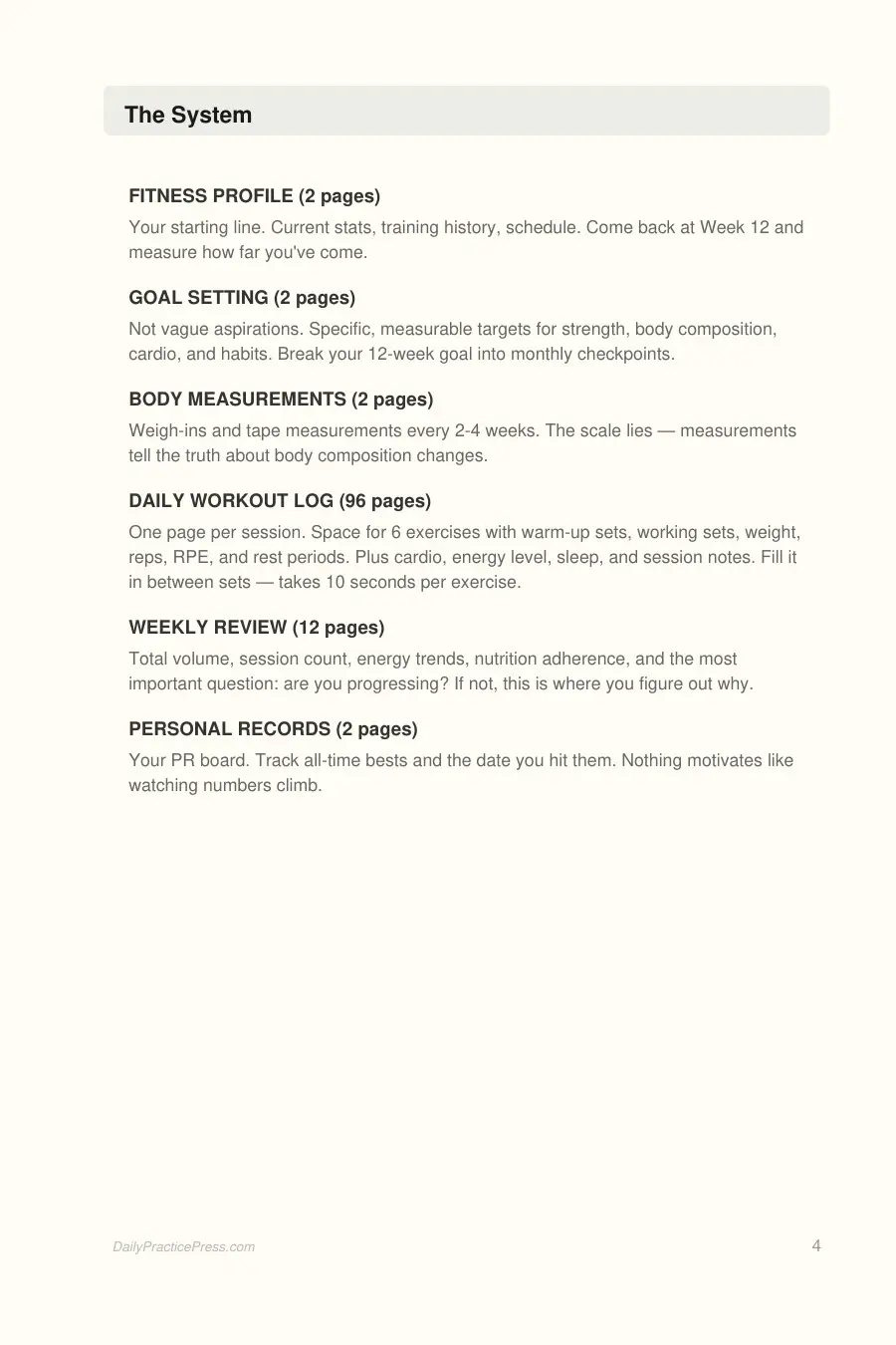 Fitness & Workout Journal interior page preview — structured journal layout