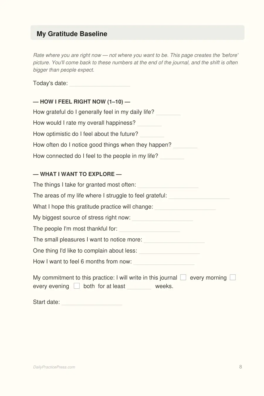 Five-Minute Gratitude Journal interior page preview — structured journal layout