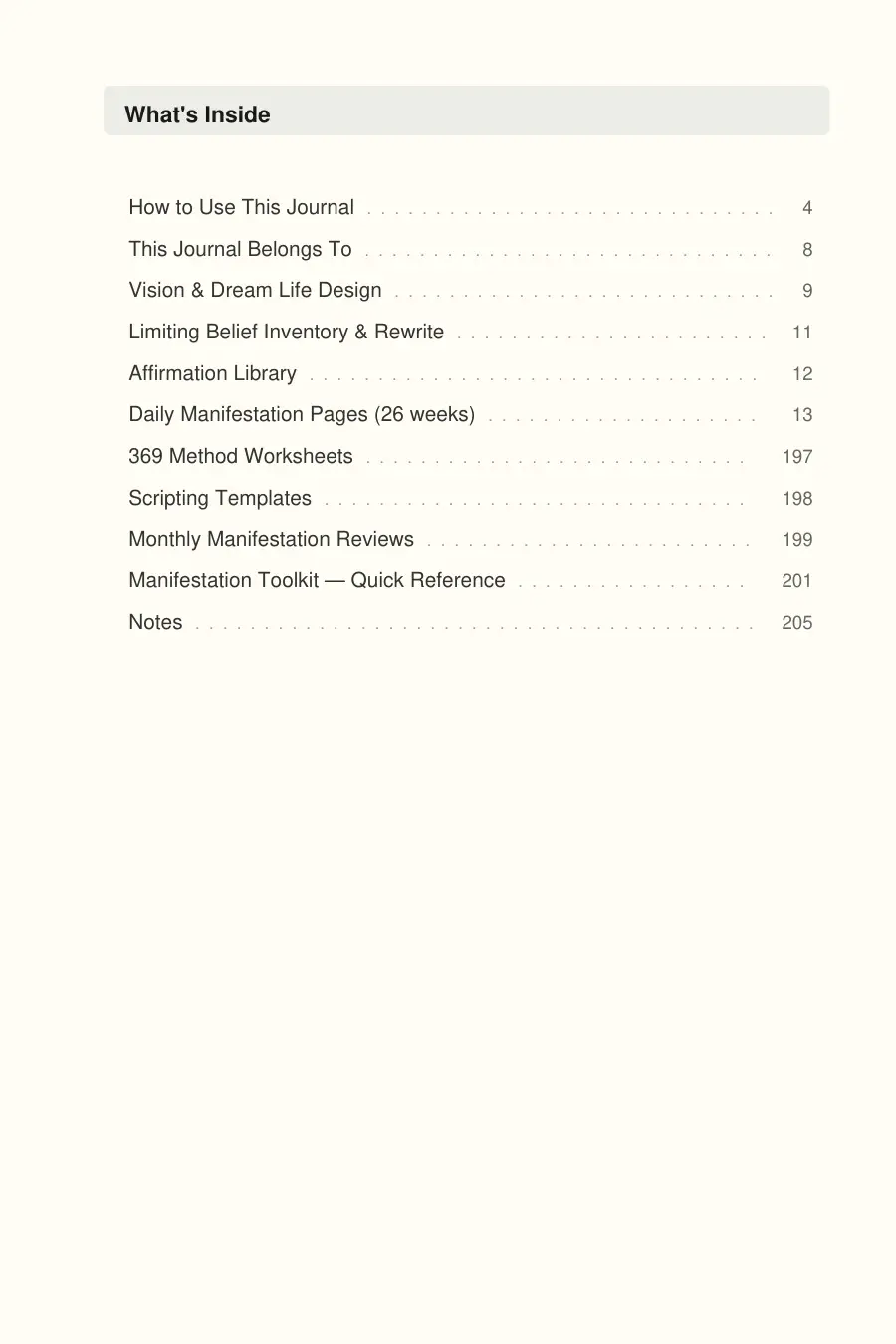Manifestation Journal interior page preview — structured journal layout