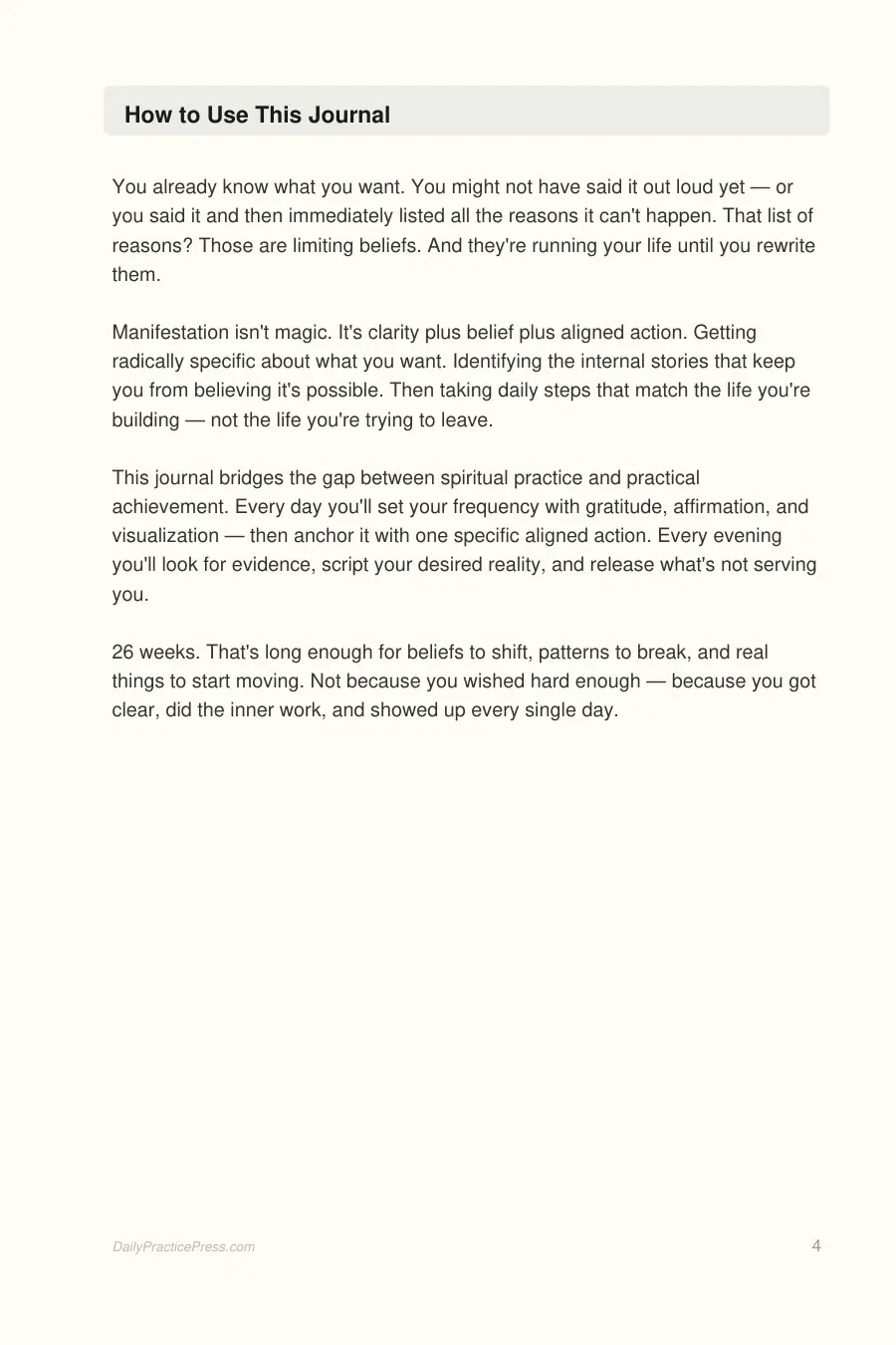 Manifestation Journal interior page preview — structured journal layout