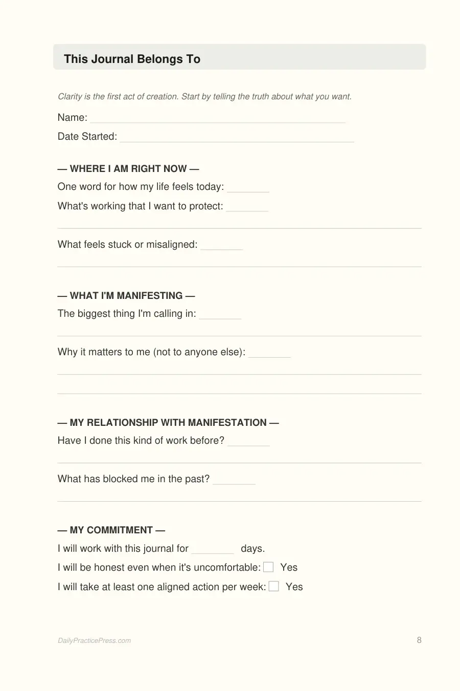 Manifestation Journal interior page preview — structured journal layout