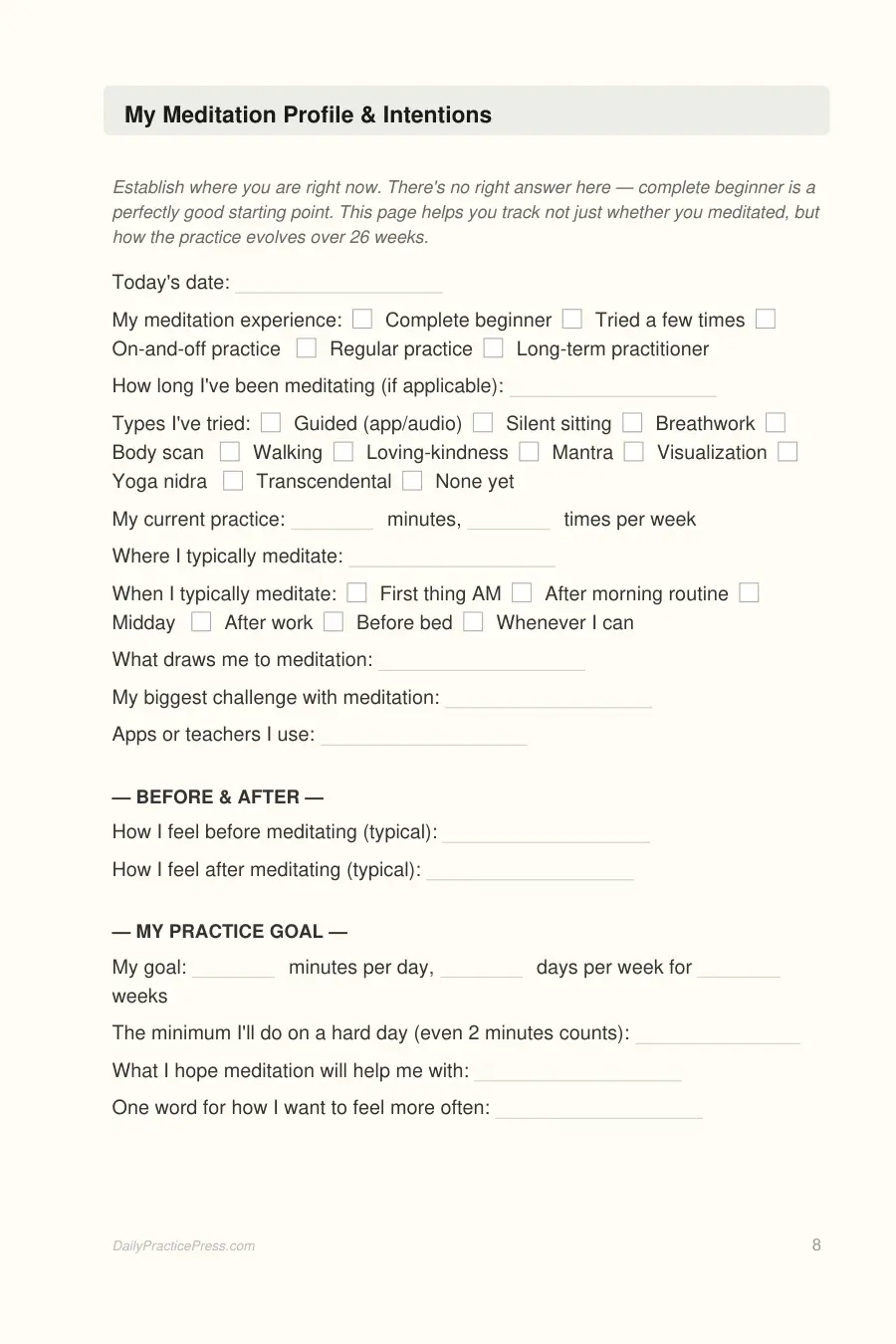 Mindfulness & Meditation Journal interior page preview — structured journal layout