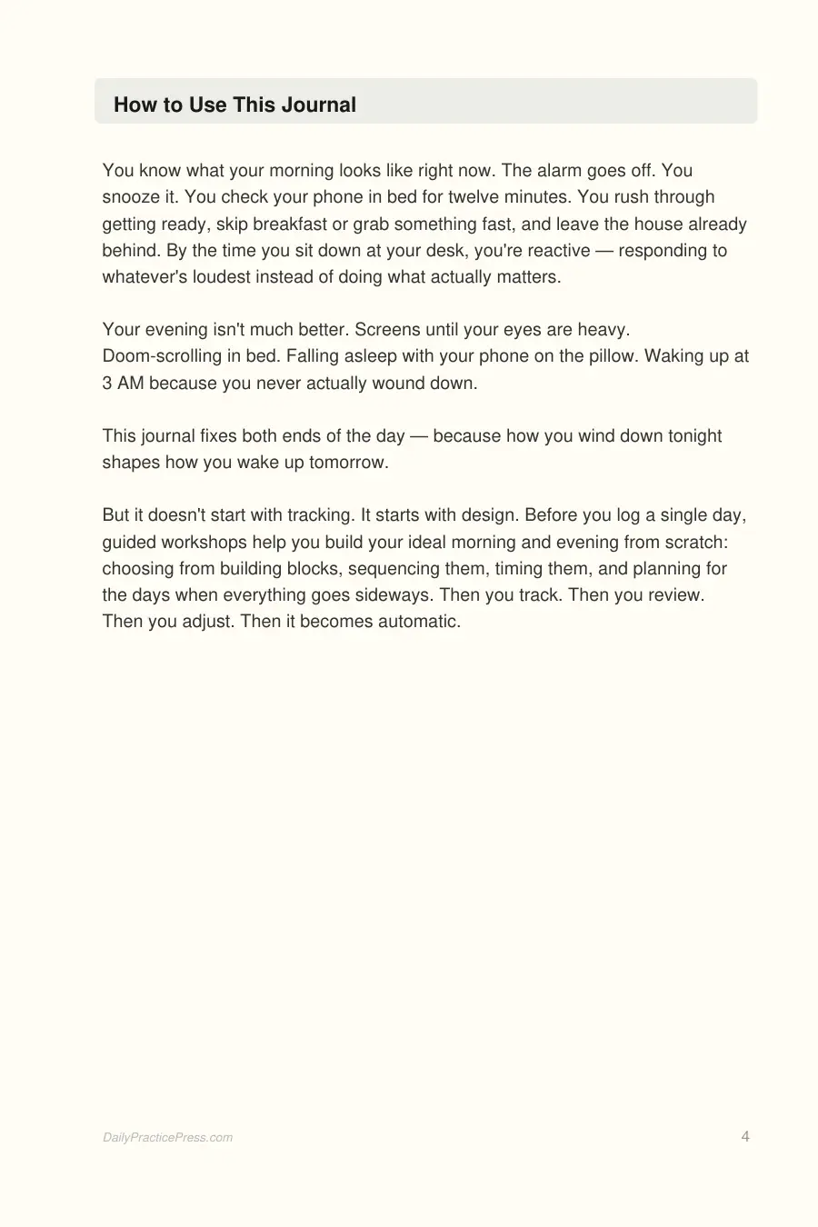 Morning & Evening Routine Journal interior page preview — structured journal layout