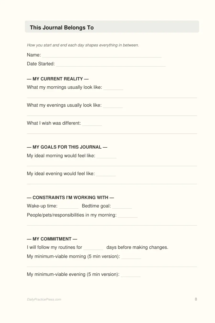 Morning & Evening Routine Journal interior page preview — structured journal layout