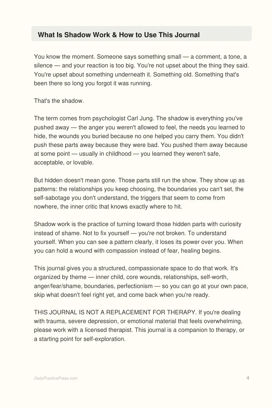 Shadow Work Journal interior page preview — structured journal layout