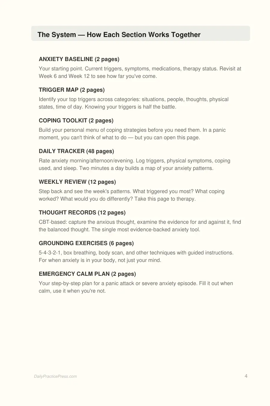 Stress & Anxiety Management Journal interior page preview — structured journal layout
