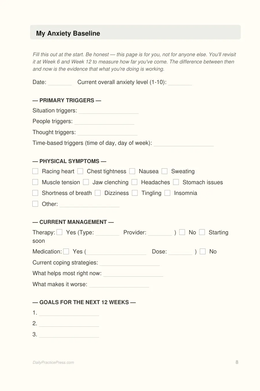 Stress & Anxiety Management Journal interior page preview — structured journal layout