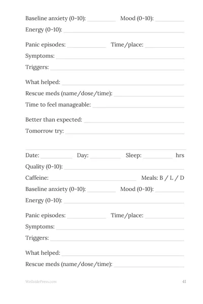 Anxiety & Panic Treatment Companion interior page preview — structured journal layout