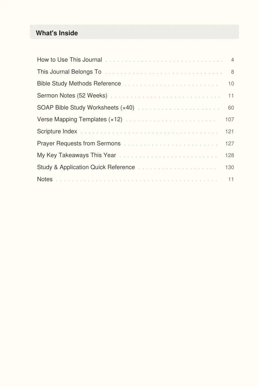 Bible Study & Sermon Notes Journal interior page preview — structured journal layout