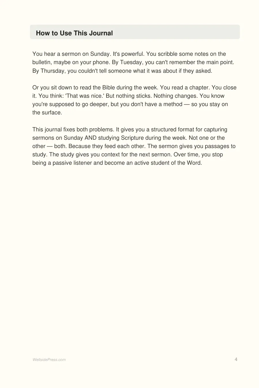 Bible Study & Sermon Notes Journal interior page preview — structured journal layout