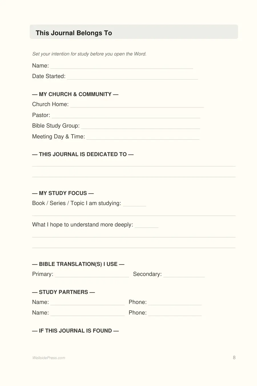 Bible Study & Sermon Notes Journal interior page preview — structured journal layout